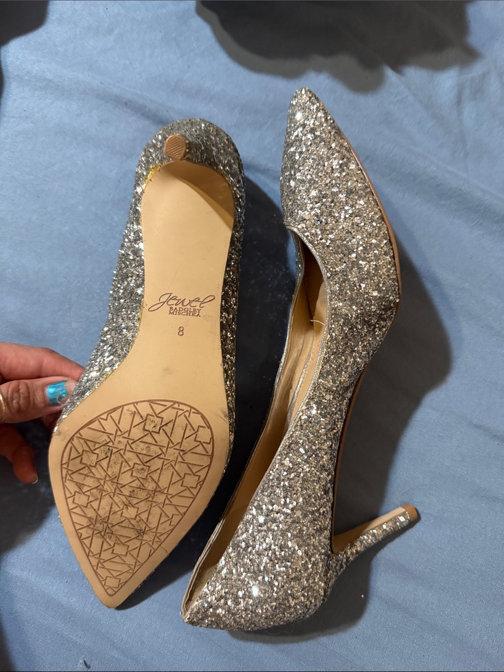 Jewel Badgley Mischka Silver Glitter Pointed-Toe Pumps - Sparkling Stiletto